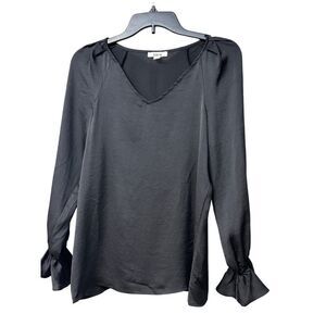 Bar III Ruffled-Cuff Woven V-neck Top, Black, Sz.  XS